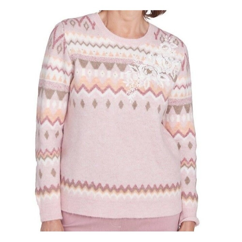 Alfred Dunner 'Telluride' Sweater~ Soft Pink, Embroidery~ Size PL Petite Large